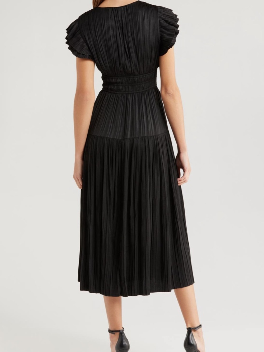 Moon River Plisse Black V-Neck Pleated Midi Dress Women’s Large - Picture 2 of 9